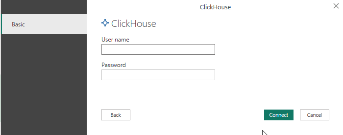 Caixa de diálogo de credenciais de conexão do ClickHouse para nome de usuário e senha