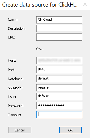 Caixa de diálogo de configuração do ClickHouse ODBC Driver com parâmetros de conexão