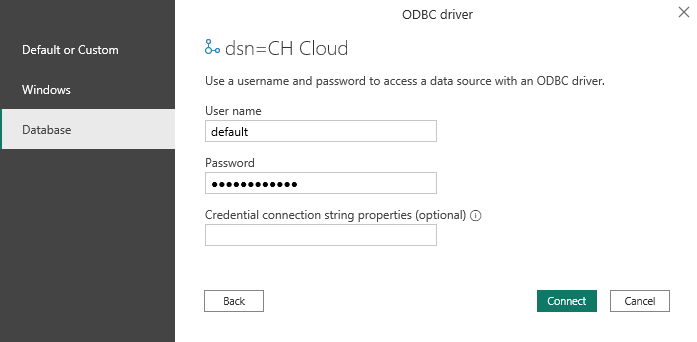 Caixa de diálogo de credenciais para a conexão DSN ODBC
