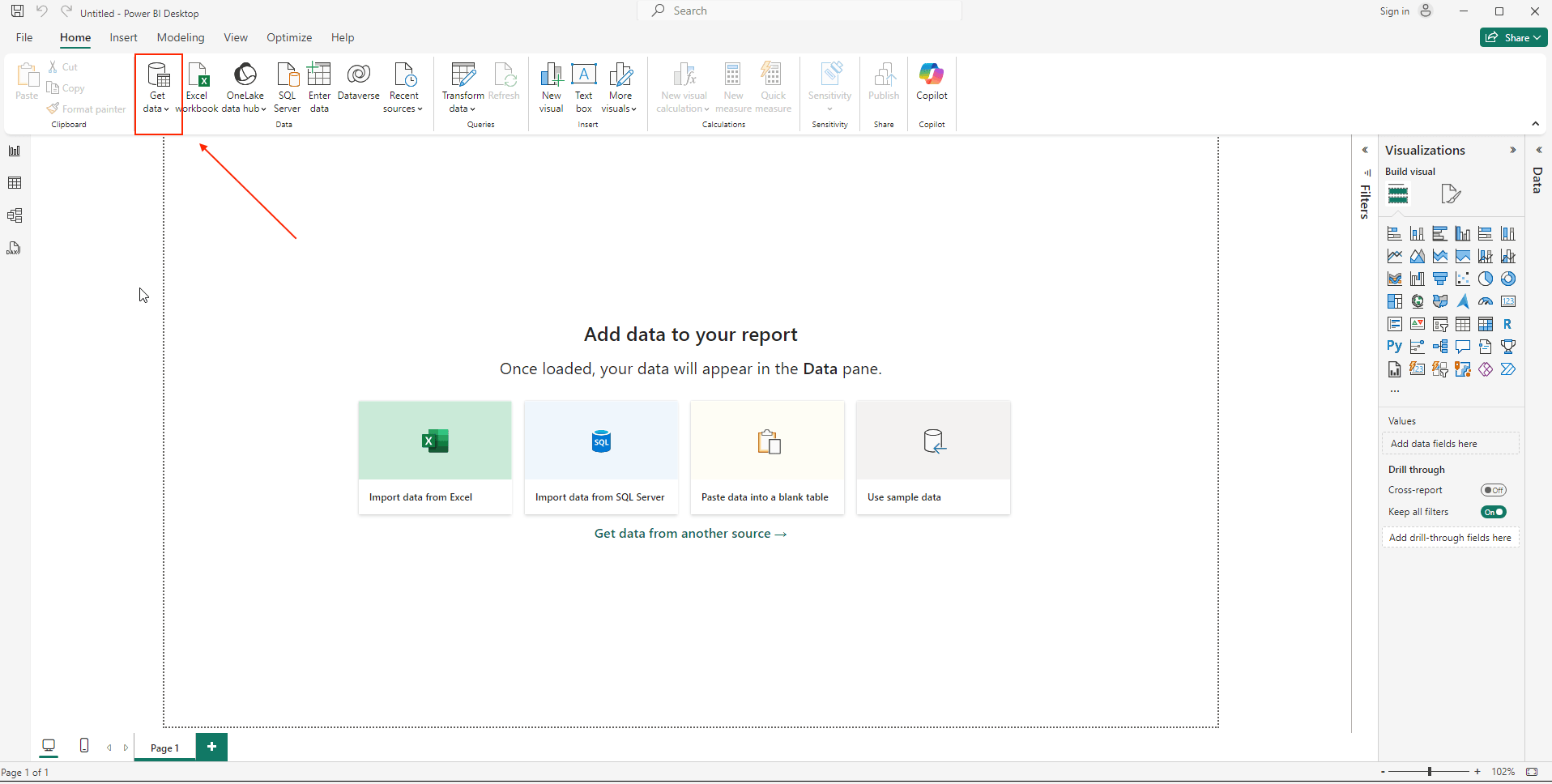 Tela inicial do Power BI Desktop mostrando o botão "Obter Dados"