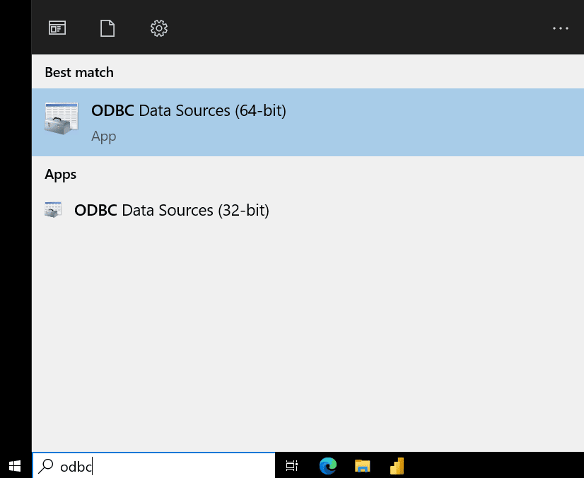 Pesquisa do Windows mostrando a opção ODBC Data Sources (64-bit)