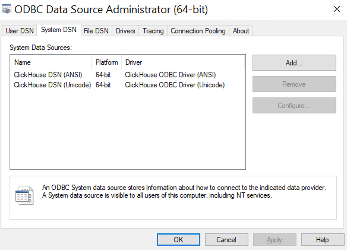 Administrador de Fonte de Dados ODBC mostrando drivers do ClickHouse na guia Drivers