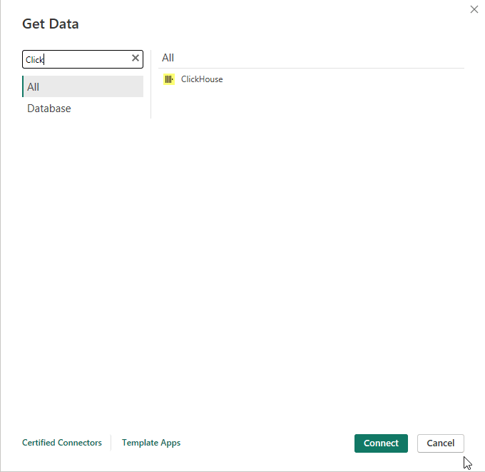 Caixa de diálogo "Obter Dados" do Power BI com "ClickHouse" pesquisado na barra de pesquisa