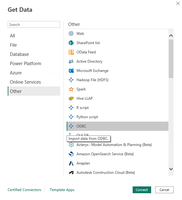 Caixa de diálogo Obter Dados do Power BI com a opção ODBC selecionada na categoria Outro