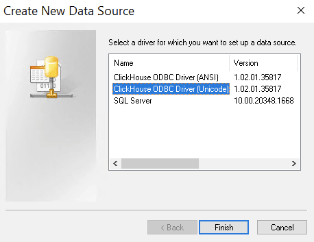 Caixa de diálogo Create New Data Source mostrando a seleção do ClickHouse Unicode Driver