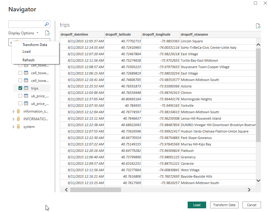 Navigator view do Power BI mostrando tabelas do banco de dados ClickHouse e dados de exemplo