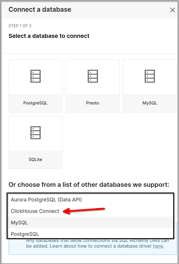 Assistant de connexion à une base de données dans Superset montrant l’option ClickHouse Connect sélectionnée