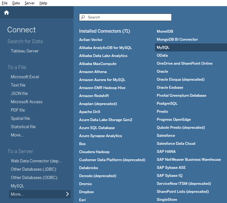 Interface de Tableau Desktop affichant le menu Connect avec l’option MySQL mise en évidence