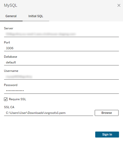 Boîte de dialogue de connexion MySQL de Tableau Desktop avec l’option SSL activée et des champs pour le server, le username, le password et le certificat