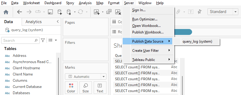 Tableau Desktop affichant le menu Server avec l’option Publish Data Source mise en évidence