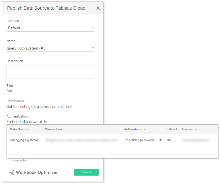 Boîte de dialogue de publication de Tableau Desktop affichant les options Authentication avec Embedded password sélectionné