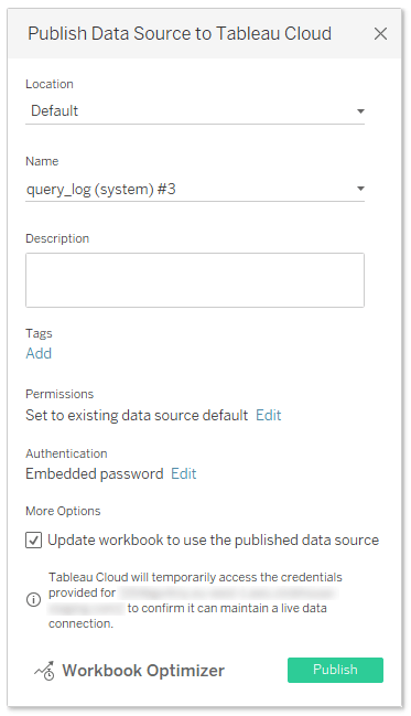 Boîte de dialogue de publication de Tableau Desktop avec l’option 'Update workbook to use the published data source' cochée