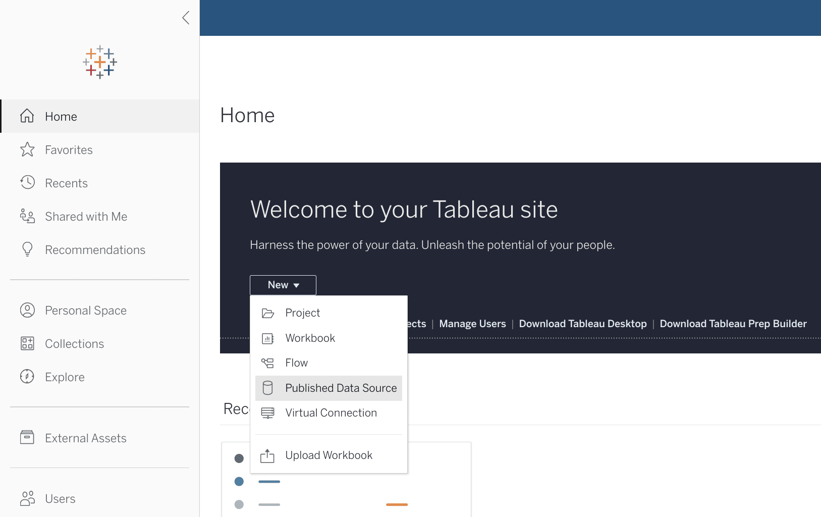 Interface de Tableau Online affichant le bouton 'New' pour créer une source de données publiée