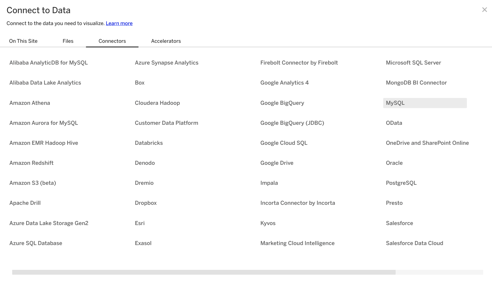 Écran de sélection des connecteurs de Tableau Online avec l'option MySQL mise en évidence