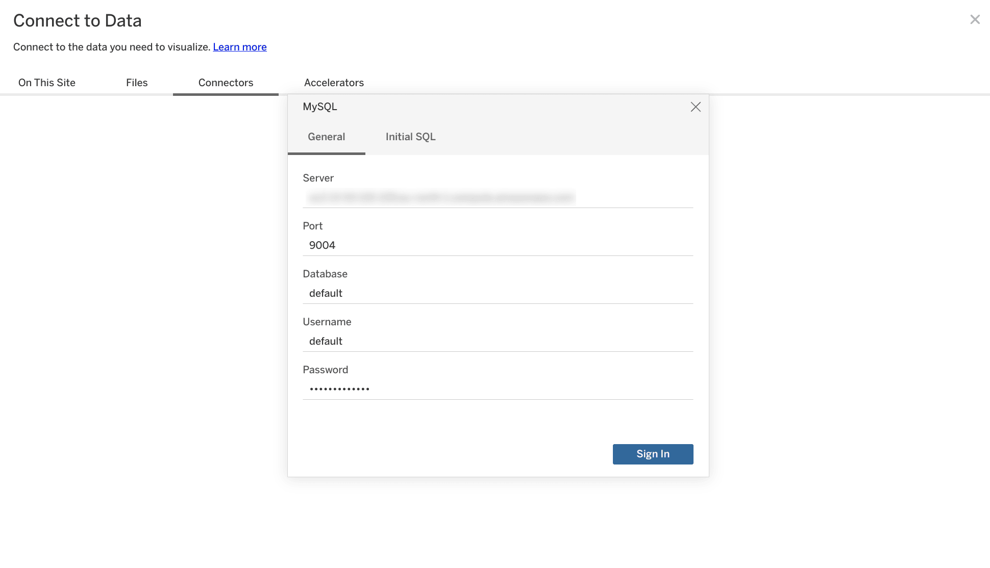 Écran de configuration de la connexion MySQL de Tableau Online avec les champs server, port, database et les identifiants